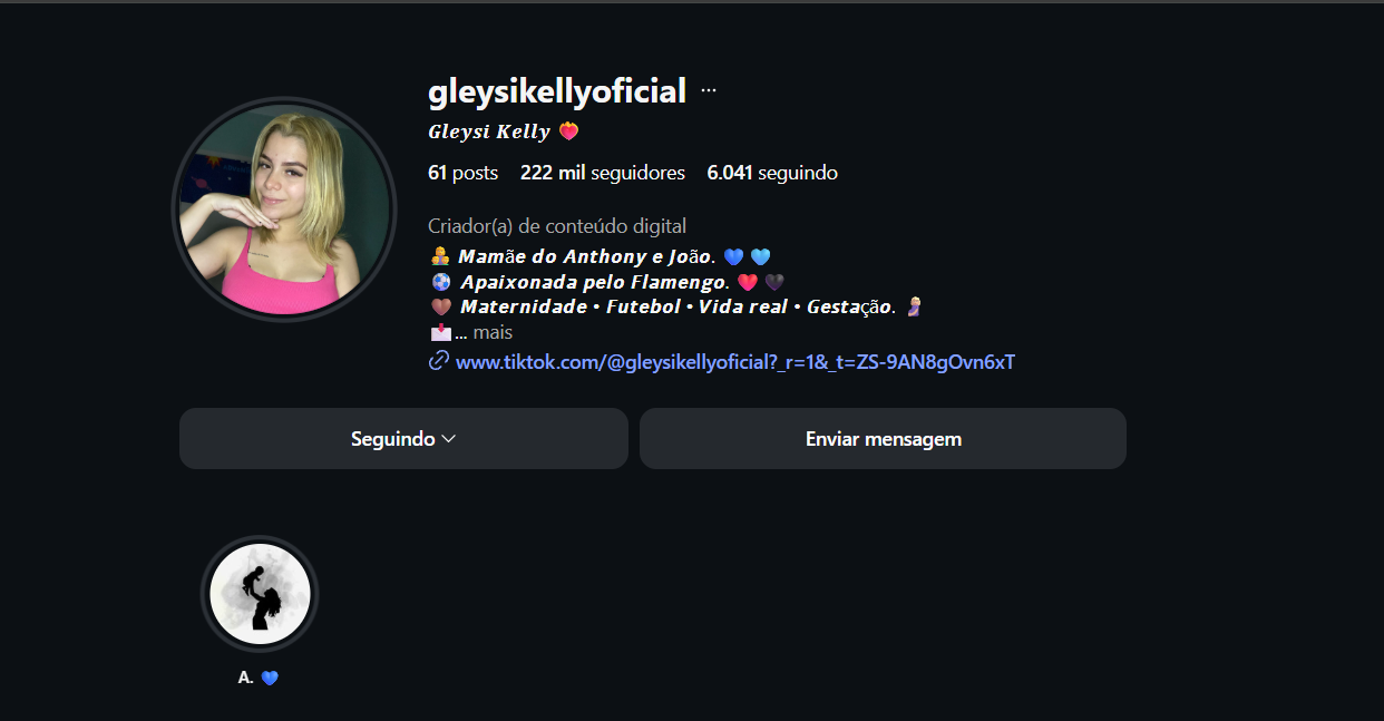 Perfil da Gleysi Kelly no Instagram, com foto e identificação da criadora.