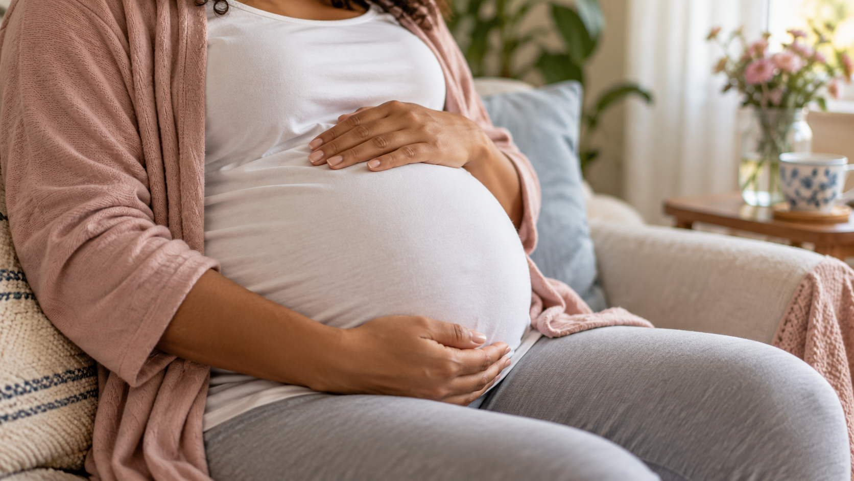 Gestante sentada em casa com as mãos apoiadas na barriga